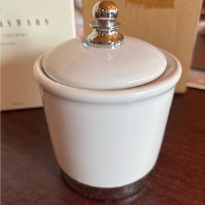 Pottery Barn NWT small English Canister white ceramic base with chrome accents